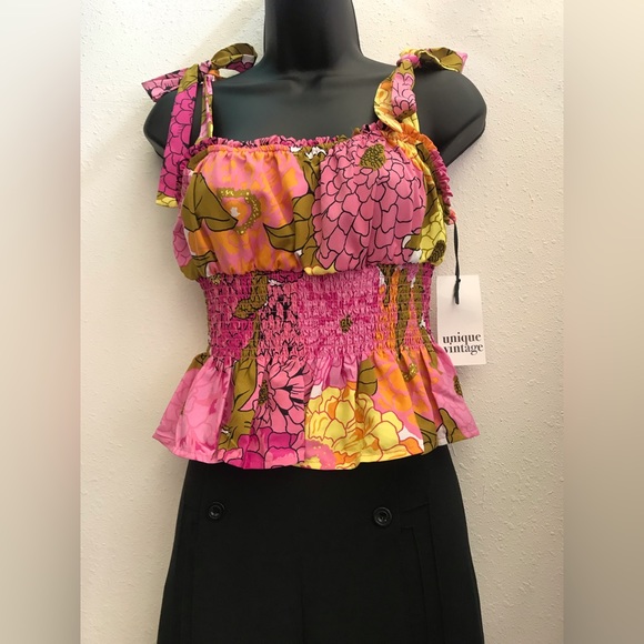 Unique Vintage Breezy Babe Smocked Top Tank Straps Pink Multi New - Picture 3 of 12